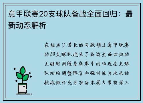 意甲联赛20支球队备战全面回归：最新动态解析